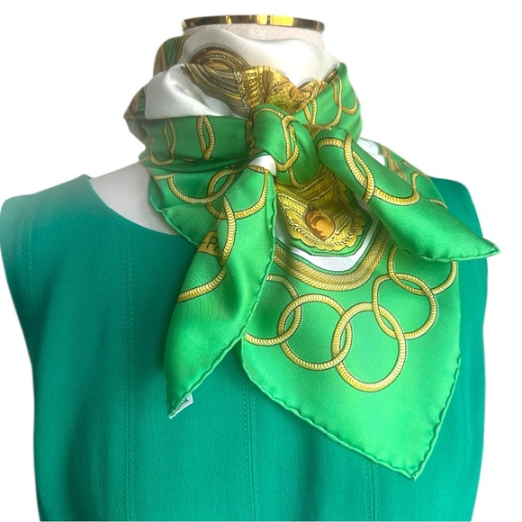 Hermès Paris Green & Gold Military Epaulettes Silk Scarf Carre 90 w/Box - Picture 12 of 13